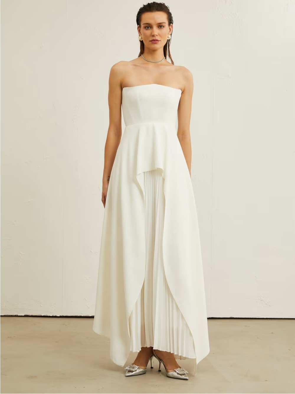 Miss Rosier Vanessa White Pleated Strapless Maxi Dress Gown XL
